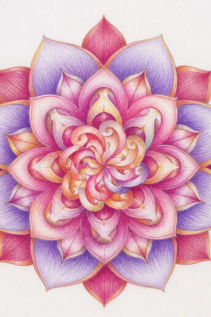 A mandala with ribbon-like petals - each petal looks twisted, with a curved center highlight line. The center has a small spiral swirl that connects to the petals. Outer details include looping ribbon curls and tiny star dots.