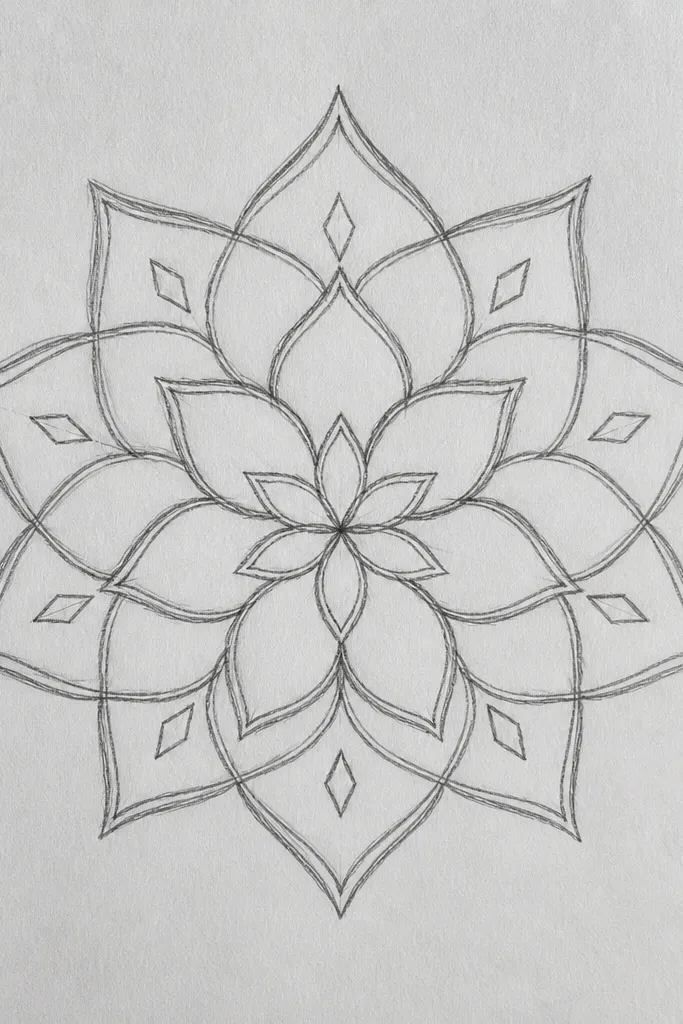 A crisp mandala with petals that end in pointed triangular tips. Between petals are tiny diamond shapes arranged in rows. The center has a small lotus with pointed petals and a thin circular core.
