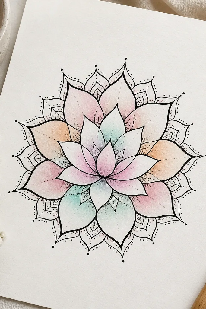 A lotus mandala inked in black with clear petal boundaries. Inside each petal are watercolor wash planes: pale pink, soft peach, and a hint of aqua. The outer ring remains mostly black with dot accents.