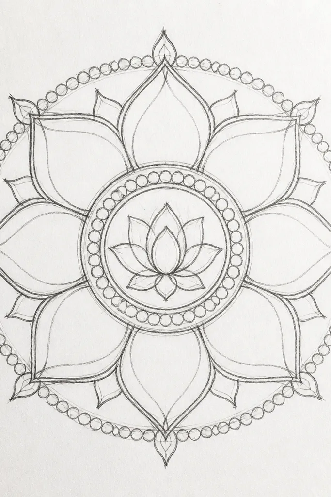 A mandala with a detailed center lotus medallion. The outer ring is made of uniform bead circles connected by tiny lines. The lotus petals have small carved line details, and the background is mostly clean white.