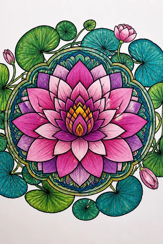 A lotus mandala where the outer area is filled with alternating lotus leaf shapes like a wreath. The center bloom has 6 rounded petals with internal line textures. The wreath leaves are outlined and lightly shaded with short strokes.