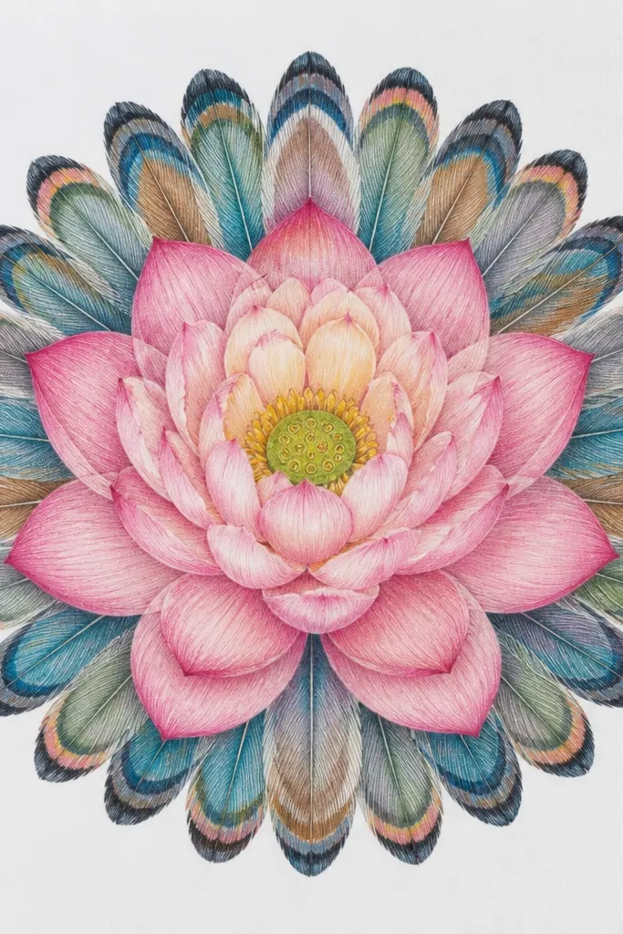 A mandala with multiple rings that look like open fans. Each ring has feather strokes that radiate outward from a circular base. The center has a lotus bud with a small spiral, and the outer ring has longer fan strokes.