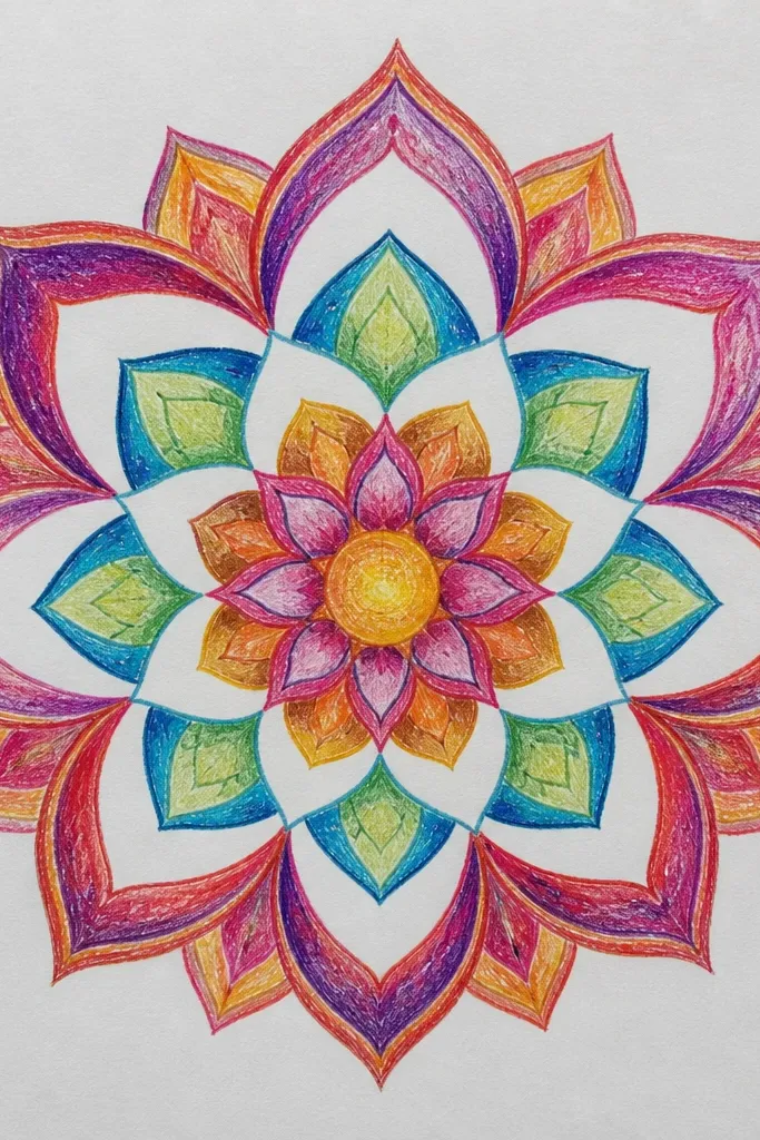 A mandala where some petal interiors are left white, creating window shapes. The outlines are crisp, and the negative spaces form repeating leaf-like gaps. The outer ring has a thin circle and small dots placed only in the white window areas.