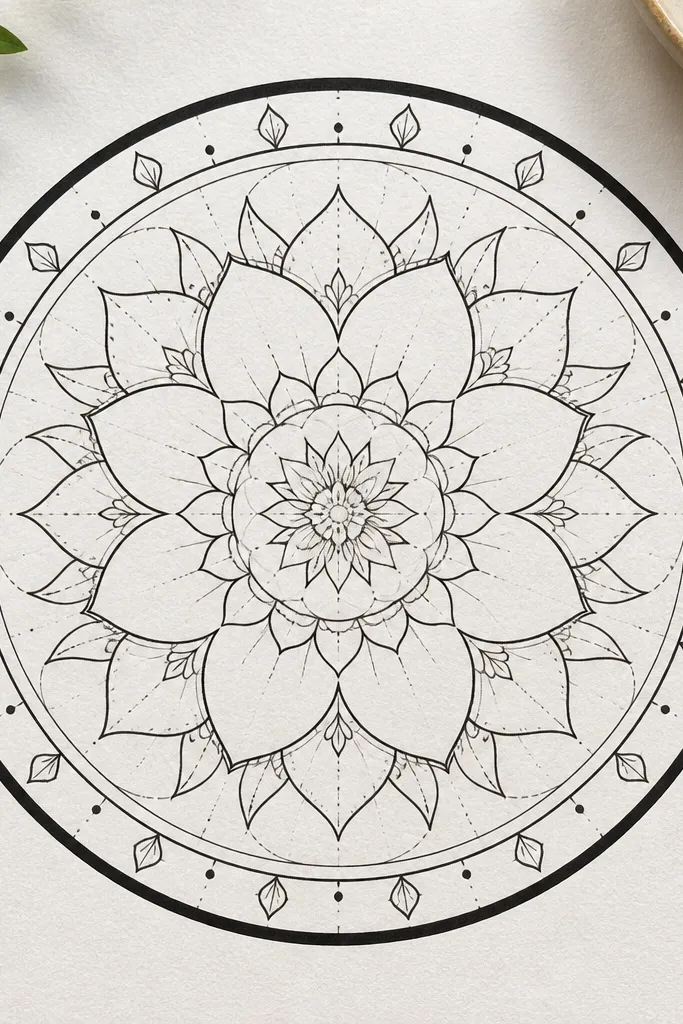 A mandala drawn inside a faint grid that's been erased or left very light. The lotus petals are smooth and symmetrical, and the outer rings are drawn with confident, calligraphy-like curves. The design has thin inner lines and a bold outer ring.