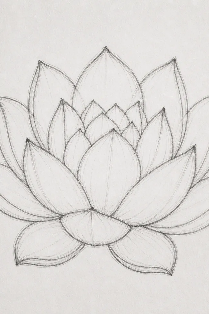 A pencil lotus viewed from above. The outer petals are drawn with three clear tones: pale centers, medium gray shading near the fold lines, and darker edges. The center seed pod is lighter than the surrounding petals, with a few lifted white highlights on the petal ribs.
