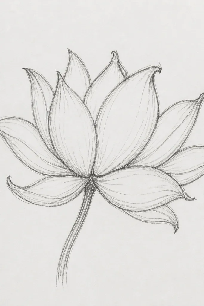 A pencil lotus shown at a slight angle, with petals curling upward on the right side. The left petals are flatter and darker at the base. The seed pod tilts, and a thin highlight stripe runs along the curled petal edges.