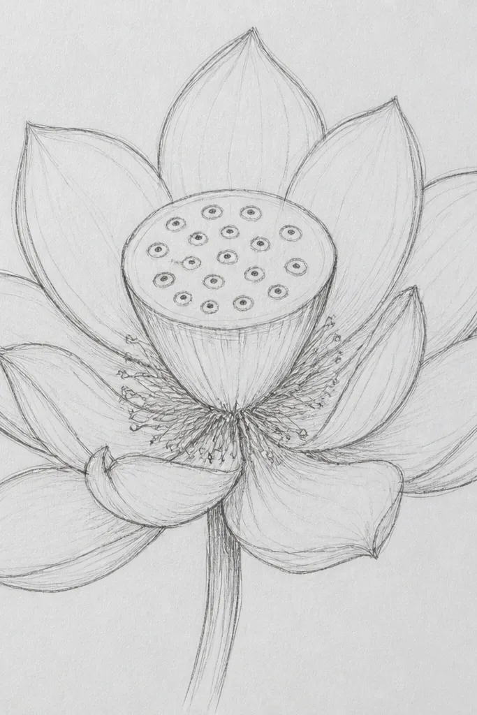 A close-up pencil drawing focused on the lotus seed pod. The pod has many small oval cells drawn in soft outlines, with deep shadows in the grooves. Petal bases surround the pod like a halo, and highlights show on the top ridges.
