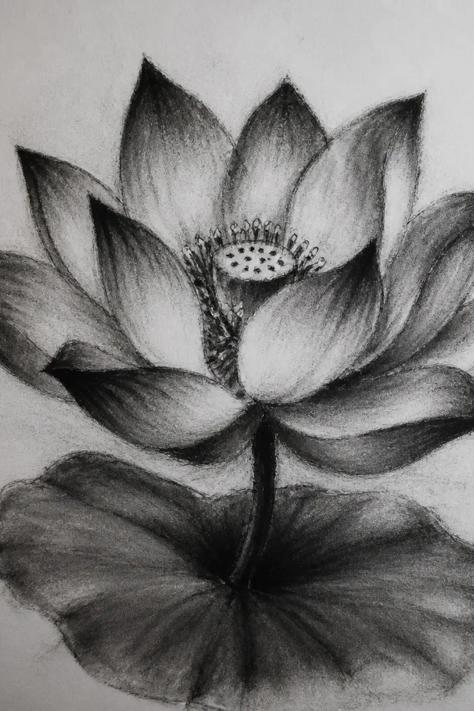A pencil lotus with smooth, painterly gradients. Petals show gentle transitions from light to midtone, with soft edges. The center pod has a creamy highlight and a darker shadow ring.