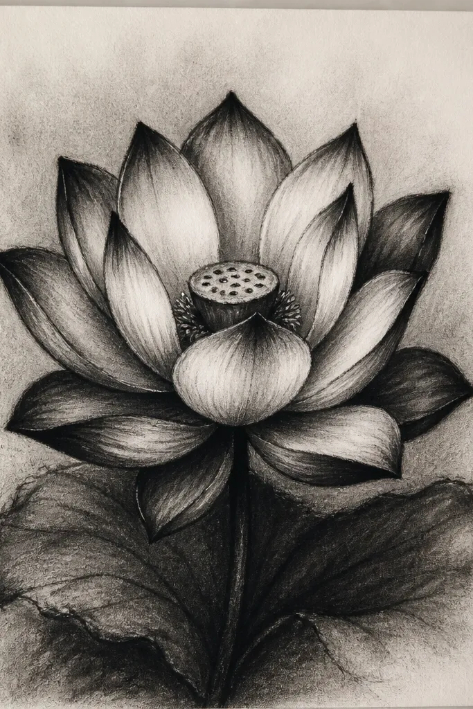 A bold pencil lotus with crisp outlines. The petal edges are defined with darker lines, and the shadows under each petal are very dark. The highlights are clean white streaks, and the seed pod looks sculpted.
