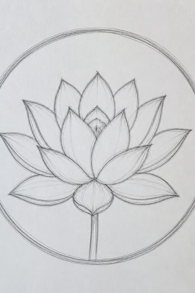 A lotus centered inside a faint circular border. The petals radiate evenly, with consistent spacing. The seed pod sits in the middle with small shadow cells, and the circle border is lightly sketched.