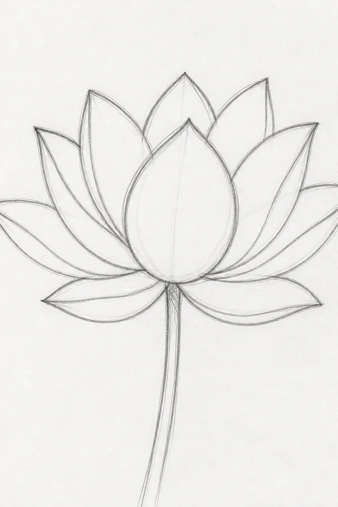 A simple lotus with clean outlines and light shading. Petals have only one midtone layer, and the center pod is indicated with a few oval cells. Highlights are left as the paper tone.