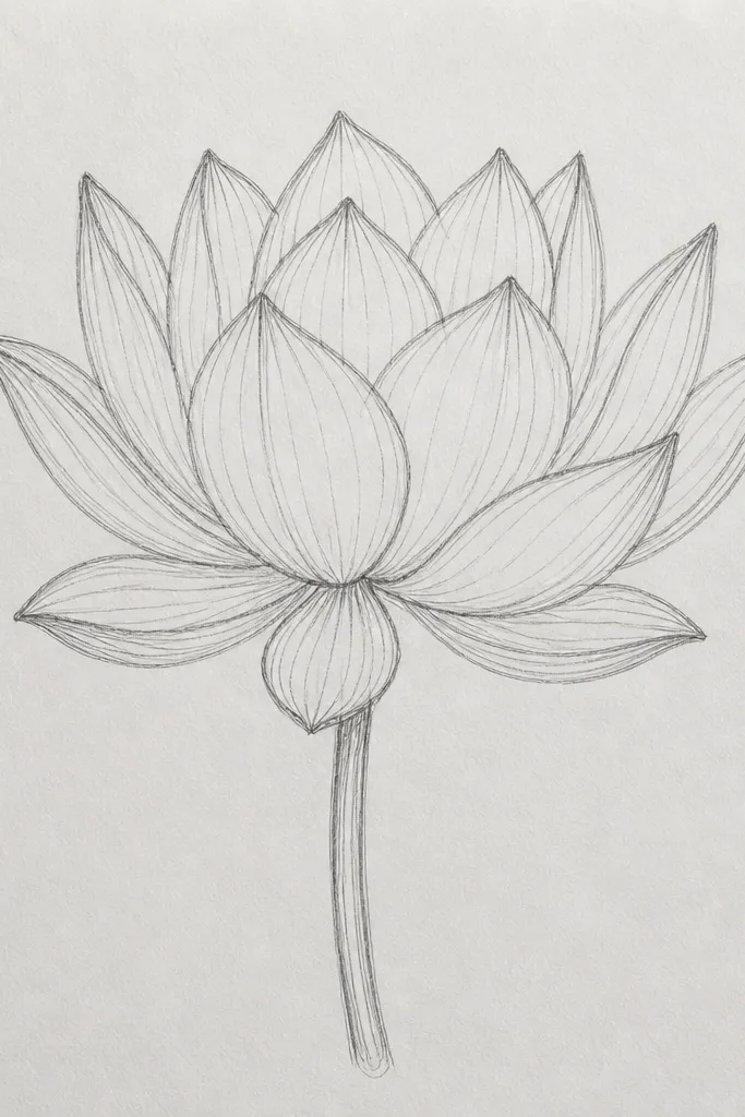 A lotus where each petal has visible rib lines. The ribs are drawn as light graphite strokes that curve from base to tip. Shadows gather along the ribs, while highlights stay bright on the ridges.