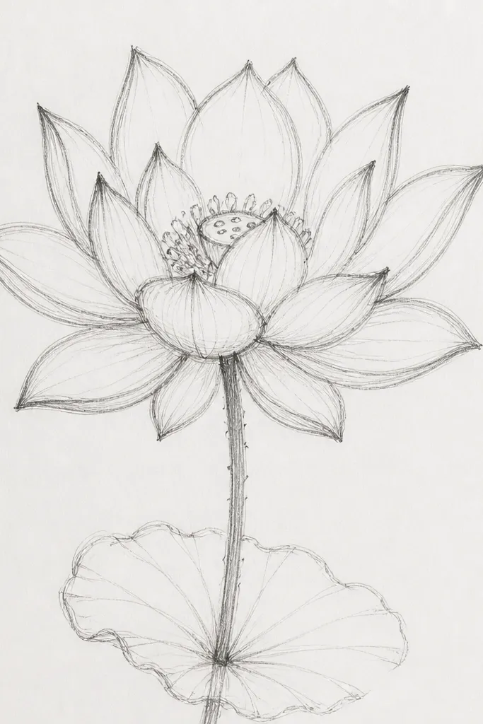 A lotus drawn with dramatic lighting. The petals are mostly light gray with darker folds, and the brightest parts are clean white streaks. The background is mostly blank, making the bloom look glowing.