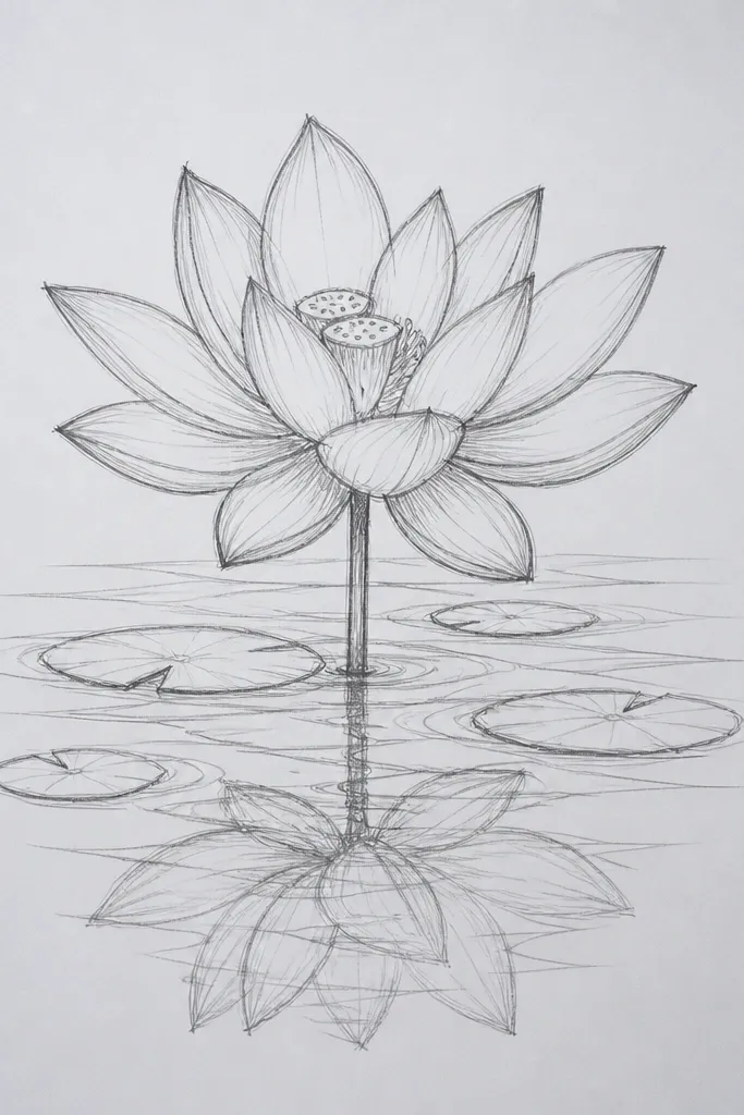 A lotus above a lightly shaded water line. The lower half shows a mirrored reflection blurred with light graphite. The petals above are crisp with defined folds and highlights.