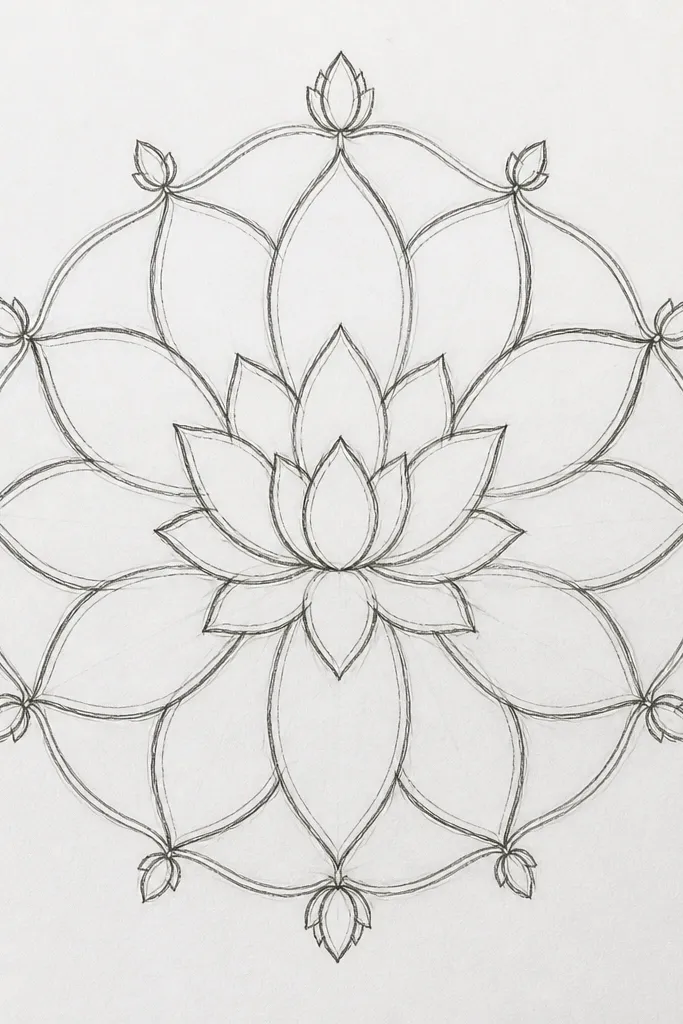 A lotus mandala centered on a page with 12 evenly spaced petals. Small bud shapes sit between petals near the rim. The seed pod is centered, and the shading alternates between light and darker folds.