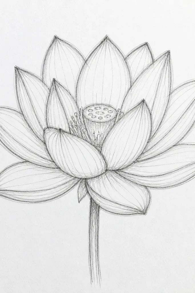 A lotus where shadows have soft, feathered edges created with light pencil pressure rather than blending. The petals have crisp outlines, and the shadow areas fade gradually into the paper tone.