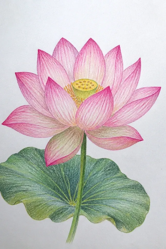 A pencil drawing of a lotus where the petals have light colored pencil accents - pale pink and soft yellow at the center. The shading is still graphite-based, with seed pod grooves in darker gray and clean white highlights along ribs.