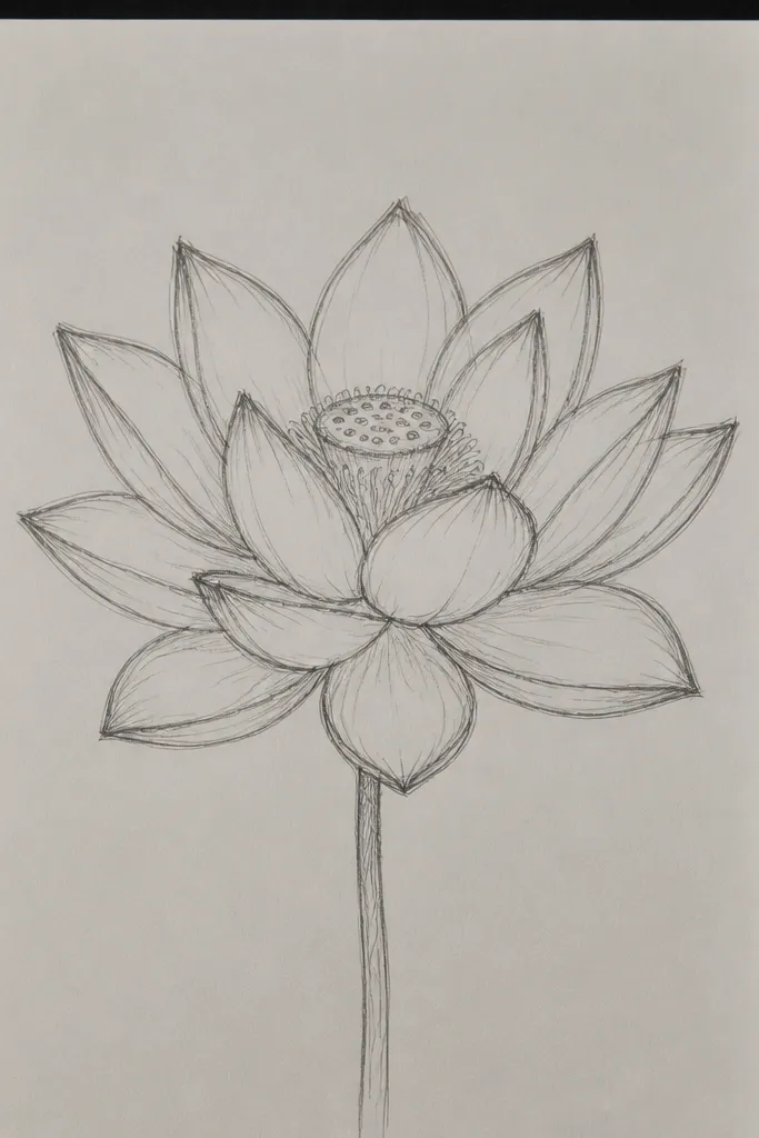 A lotus drawn in pencil on a dark gray paper or shaded background. The petals are lifted with an eraser to create bright highlights, and the shadows are shown with graphite lines and soft gray gradients. The seed pod looks sculpted against the dark field.