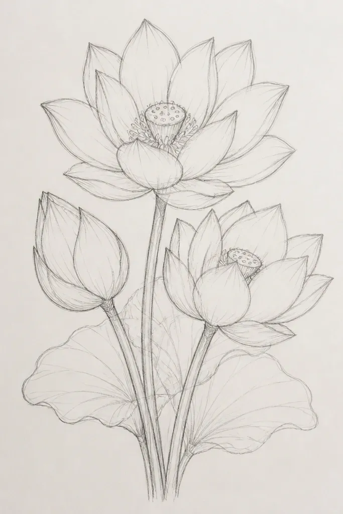 A pencil sketch showing three lotus blooms at different sizes and angles. One bloom is front-facing, one is slightly turned, and one is smaller in the back. Petals overlap across blooms, and the stems are thin with a few leaf shapes.