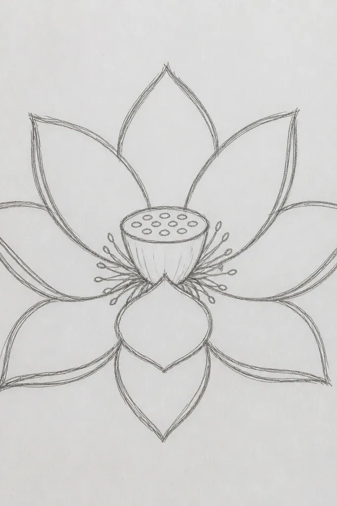 A simple lotus outline centered on the page: a small circular seed pod in the middle, eight evenly spaced petals forming a rounded shape, and no inner texture lines. All lines are clean and continuous, with slightly thicker outer edges.