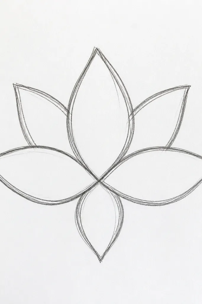 A compact lotus outline with only six larger petals, each petal drawn as a smooth almond-shaped arc. The center is a small seed pod with a couple of tiny inner marks, and the whole flower is tight and clean.