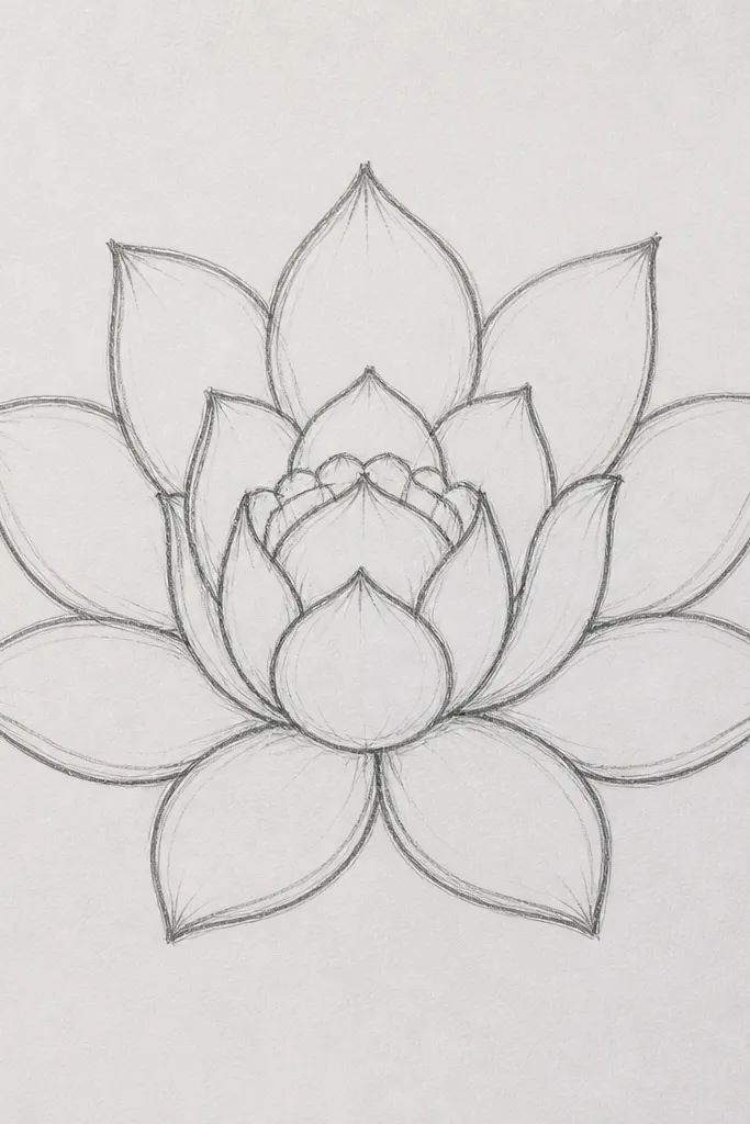 A lotus outline showing two layers of petals: ten outer petals and smaller inner petals forming a ring. The seed pod sits in the center with a clean circular outline and a few short radiating lines.