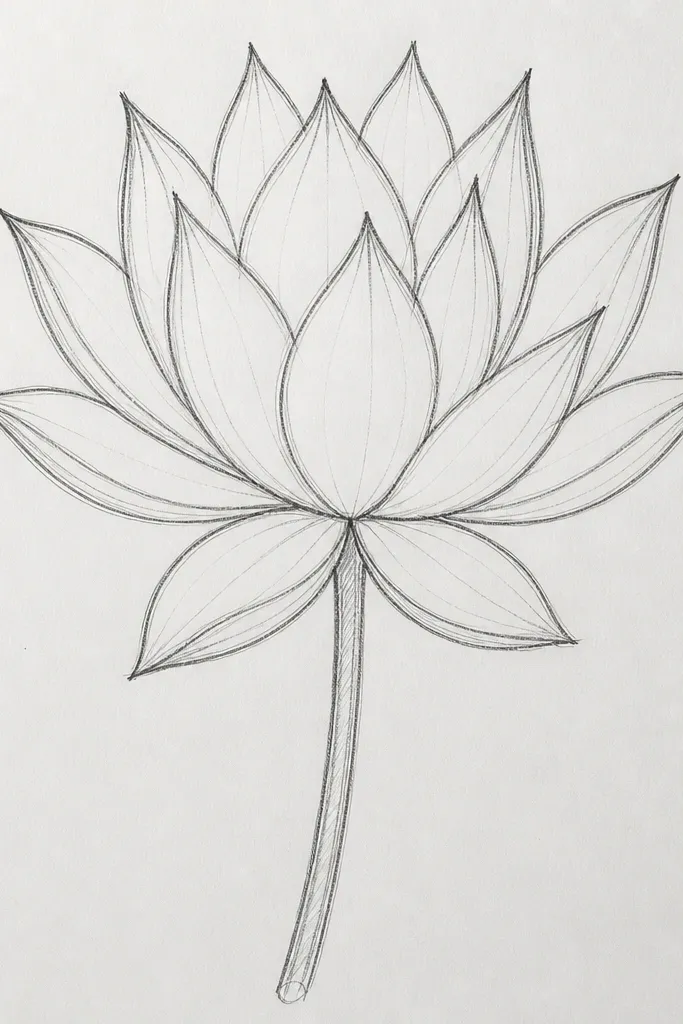 A vertically stretched lotus outline with elongated petals and sharper tips. The seed pod sits centered, and the petals rise upward in a narrow cone shape.