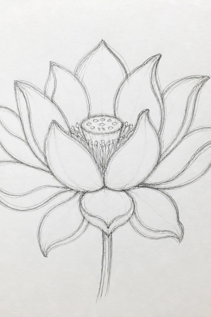 A lotus outline where the petals curl slightly upward at the tips. The petals are still mostly open, with subtle inner curves that make the flower feel airy.