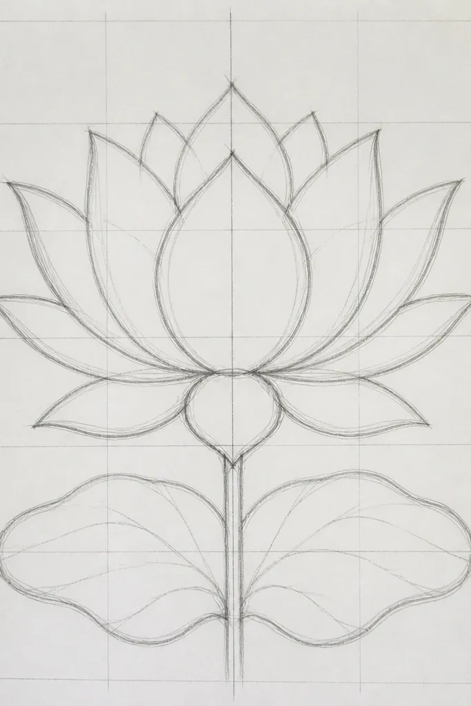 A lotus outline drawn over faint guide lines: a crosshair plus wedge divisions around the seed pod, with evenly spaced petals aligned to the grid. The final ink lines are clean and centered.