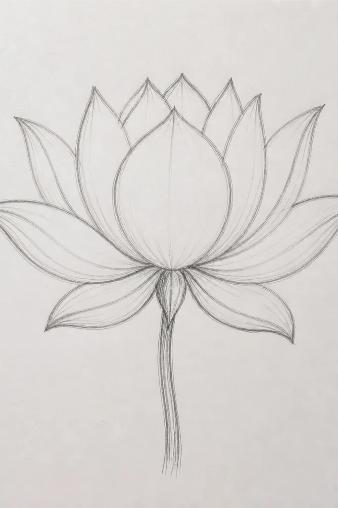 A lotus outline where the left and right petals bow outward more than the top and bottom petals. The seed pod remains centered, and the flower looks slightly angled.