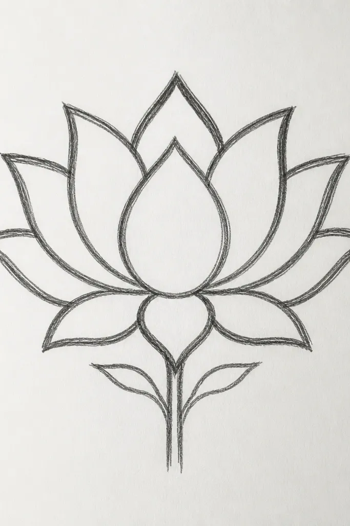 A lotus outline drawn with bold outer petal outlines and thinner inner lines. The seed pod is outlined thin, and the inner petal veins are suggested with a couple of short strokes.