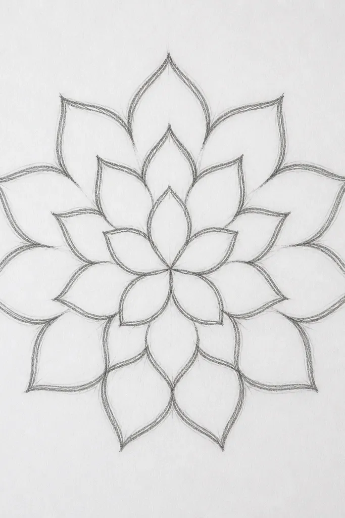 A lotus outline that looks like a mandala: twelve outer petals, a ring of smaller inner petals, and a few radiating lines from the center. The drawing is symmetrical and slightly more detailed than a basic lotus.