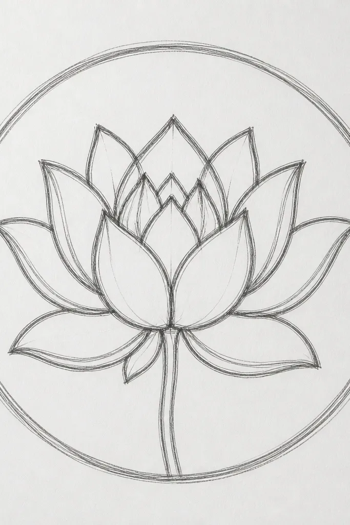 A lotus outline centered inside a thin circle border. The petals touch the inner area of the frame but do not touch the outer circle. The seed pod remains centered and crisp.
