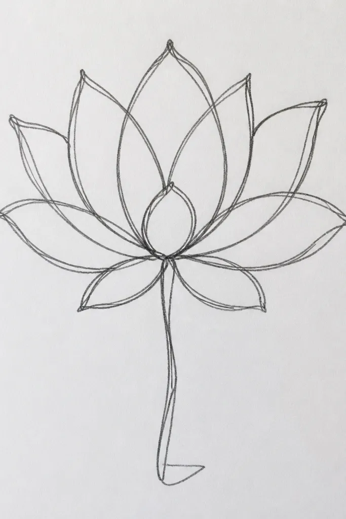 A lotus outline drawn as a single continuous line that loops through petals. The seed pod is formed by the same line, and the petals are defined by the line's path rather than separate strokes.