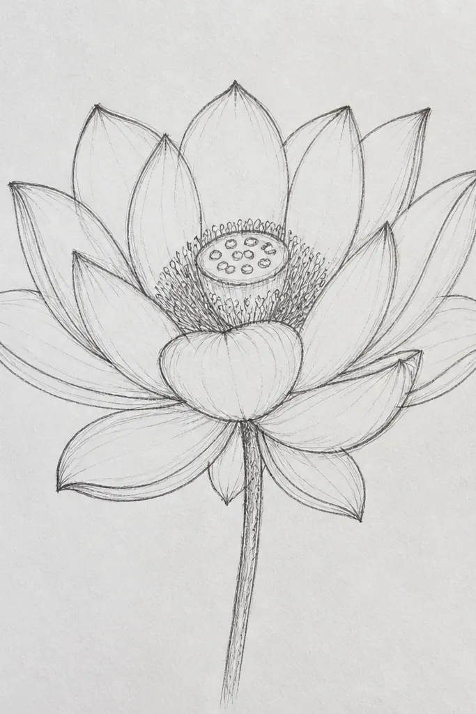 A lotus outline where the seed pod has small droplet-shaped segments and a few tiny curved lines suggesting moisture. The petals are clean and simple, with a gentle bowl shape.