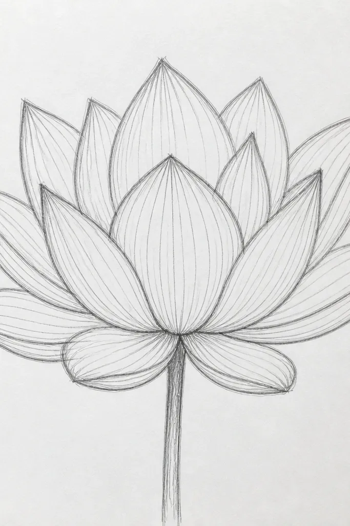A lotus outline where each outer petal has one central vein line and two short side curves near the base. The seed pod is simple, outlined with a few short radiating lines.