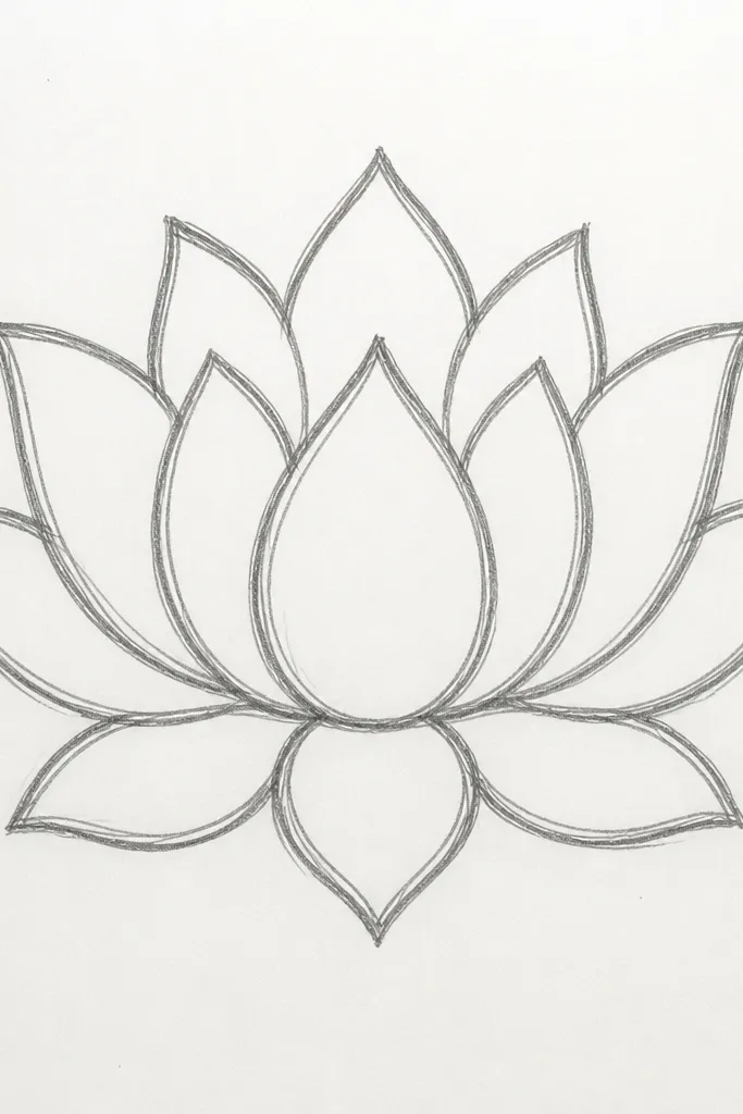 A stencil-friendly lotus outline with thick, continuous petal shapes and wide gaps between petals. The seed pod is a simple circle with minimal inner lines, designed to cut cleanly.