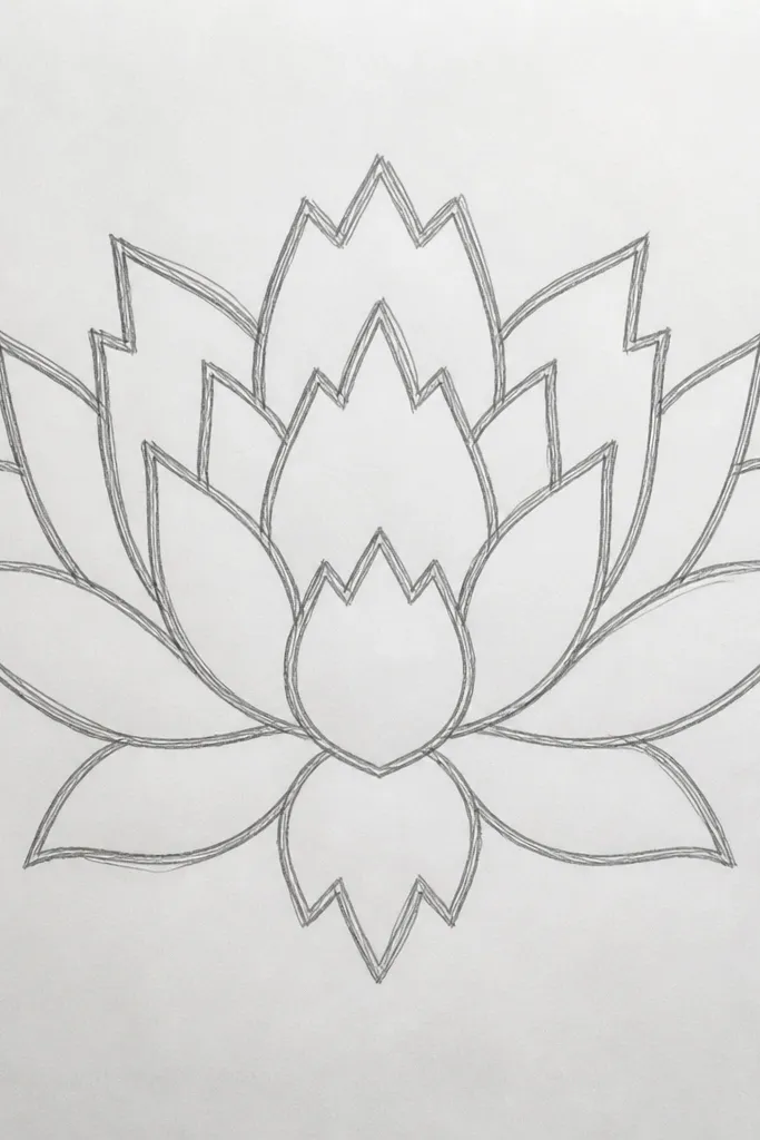 A clean black lotus flower outline where each petal tip has a sharp zigzag edge, centered seed pod with a small ring, and a faint rangoli-like symmetry guide behind the drawing on white paper.