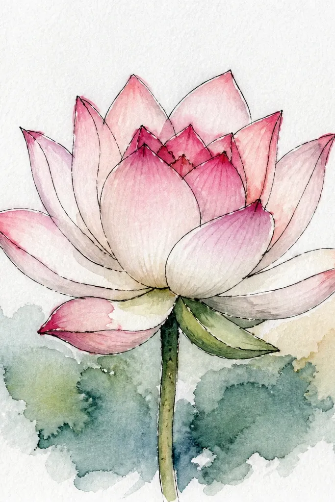 A pink lotus flower drawing with a very small, pale blush center. The inner petals have light pink washes, while the outer petals fade into a dusty mauve edge. The background is mostly white with a faint watercolor bloom behind the flower.