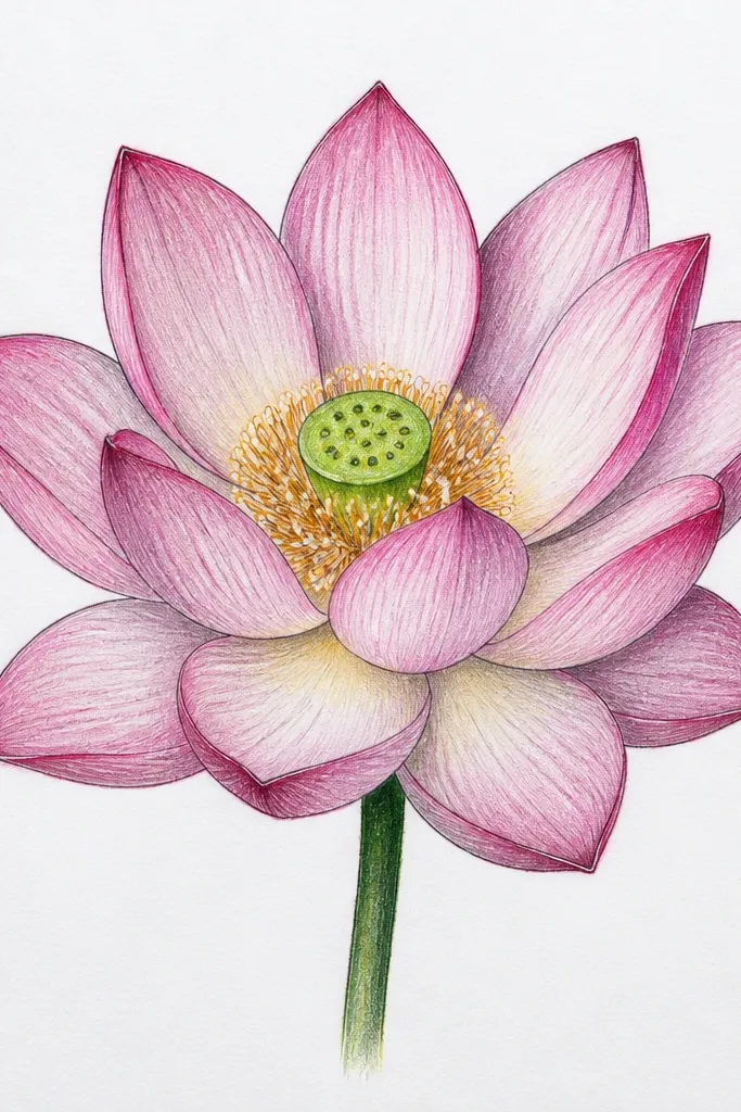 A lotus with layered petals fanning outward like a hand fan. The petals are rose pink with darker ink lines showing overlap. The center has tiny dot details, and the outer petals have clean, defined edges.