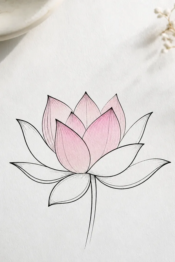 A minimal lotus drawn in clean black lines with a single light pink wash filling the inner petals. The outer petals are mostly uncolored, leaving lots of white space.