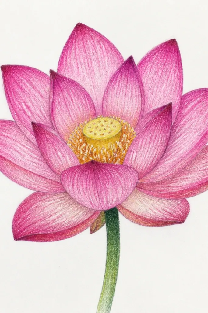 A bold hot pink lotus with crisp edges. There's a dark rose rim shadow along the underside of each outer petal, and the center is a deeper pink with a few highlight lines.