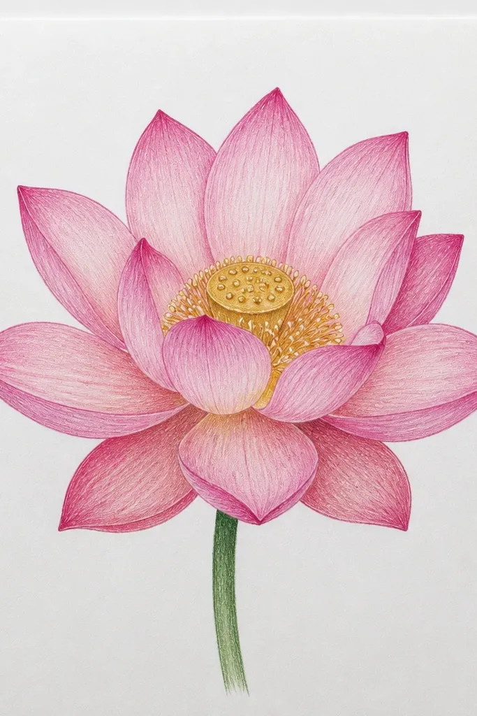 A pink lotus with a warm gold gel pen glow in the center. The petals are light rose with darker pink shadows, and the gold shimmer sits over the center dots.