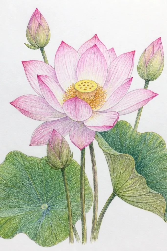 A main pink lotus in the center with two smaller lotus buds on either side. The buds are lighter pink and less detailed, while the main bloom is more shaded with visible petal layers.
