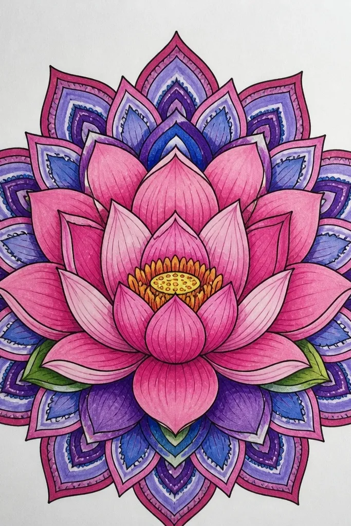 A pink lotus in the middle with a circular mandala frame around it. The petals are pink with alternating light and medium tones, and the outer frame has small dot rings and short leaf-like marks.