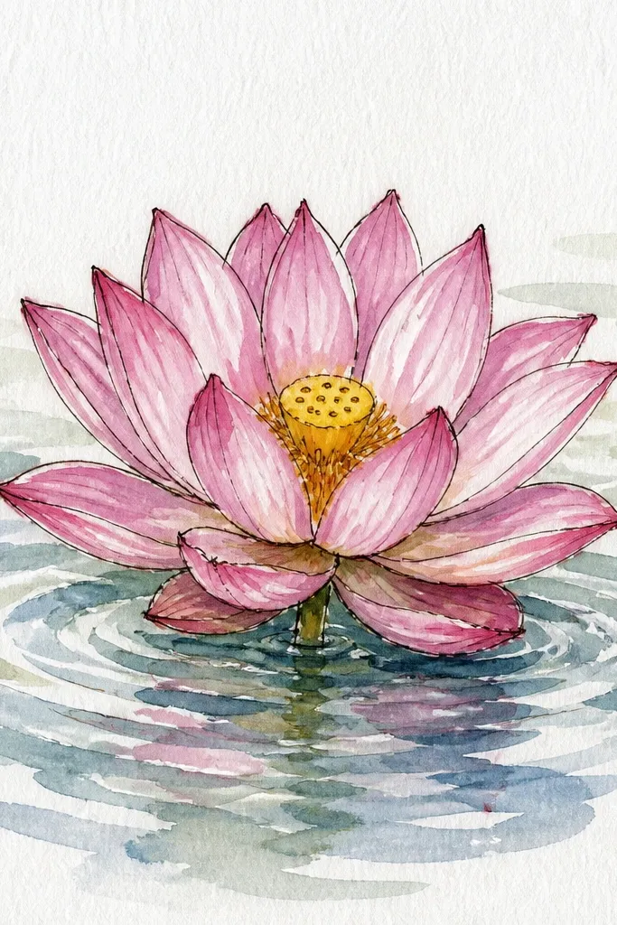 A pink lotus floating above a background of subtle water ripples. The petals have soft pink shading, and the ripples are drawn as thin curved lines with a pale blue tint.