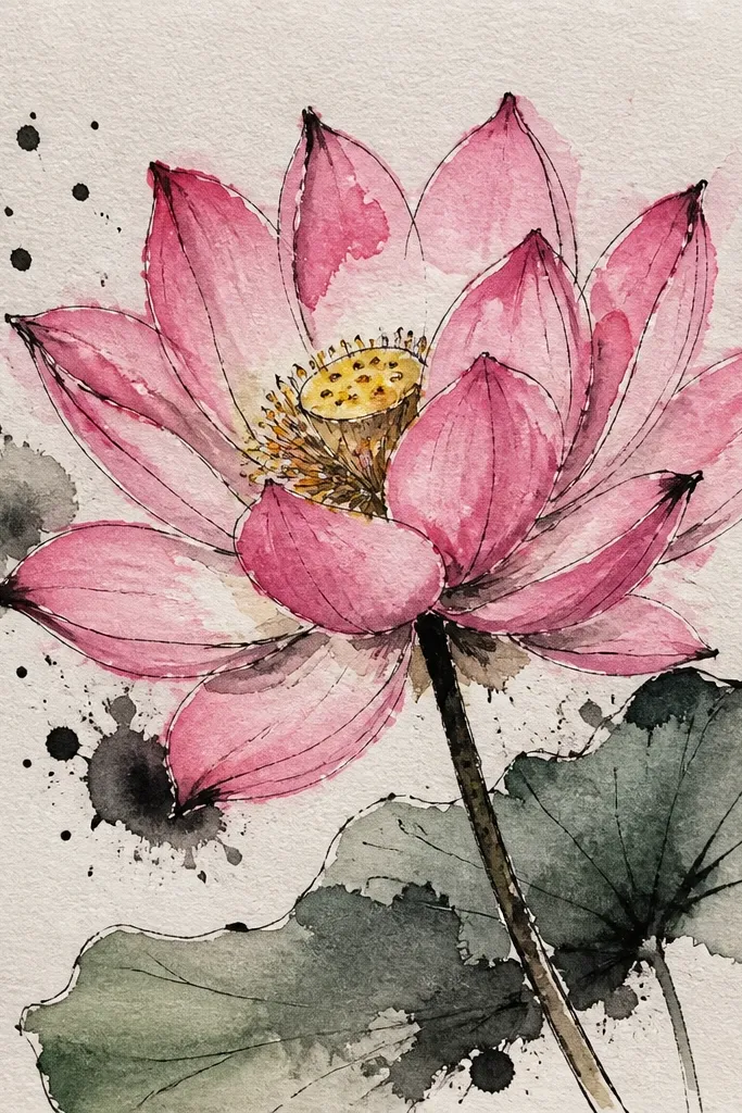 A pink lotus with bold black ink splash accents around it. The petals are pink with clean outlines, and there are small ink droplets and splatters framing the flower.