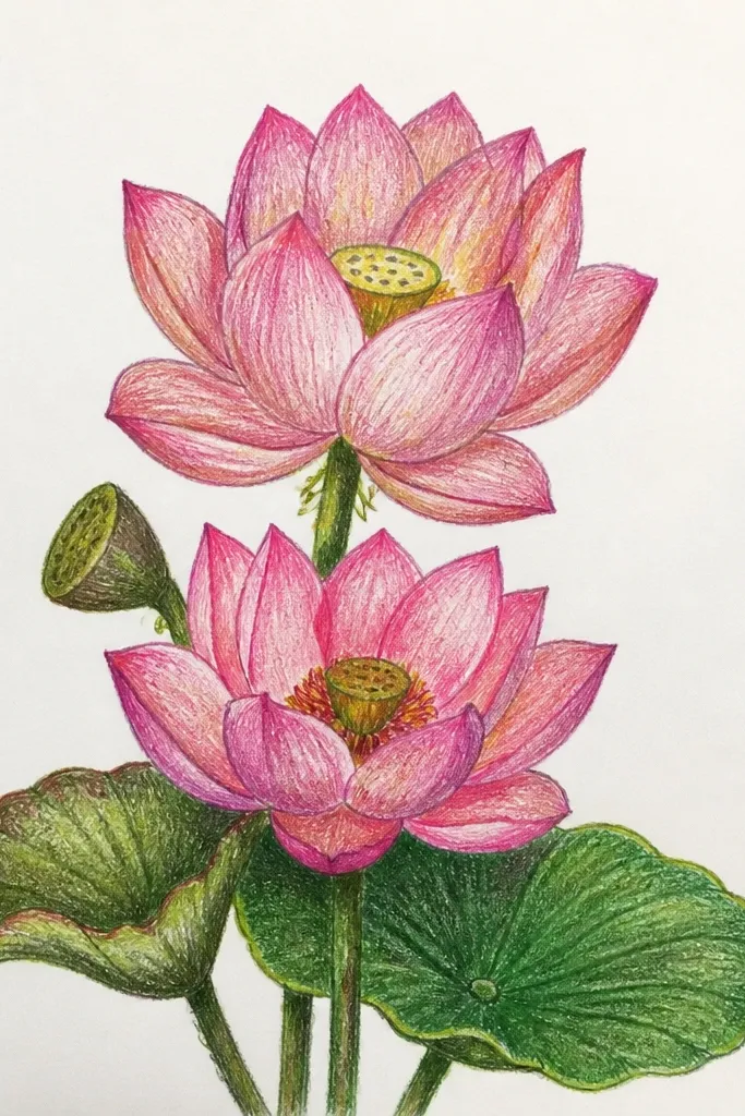 Two pink lotus flowers layered vertically, one slightly behind the other. The front lotus is brighter rose, while the back lotus is lighter blush. Petal edges overlap with a soft shadow between blooms.