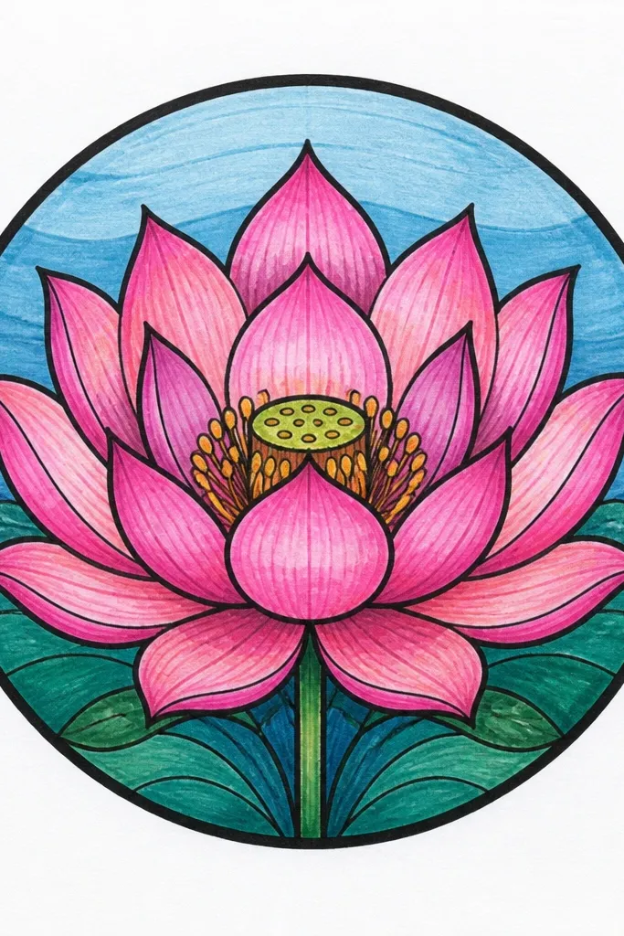 A lotus inside a thick black circle badge. The petals are pink with light-to-dark shading, and the center has a small cluster of dots. The badge looks like a sticker or logo.