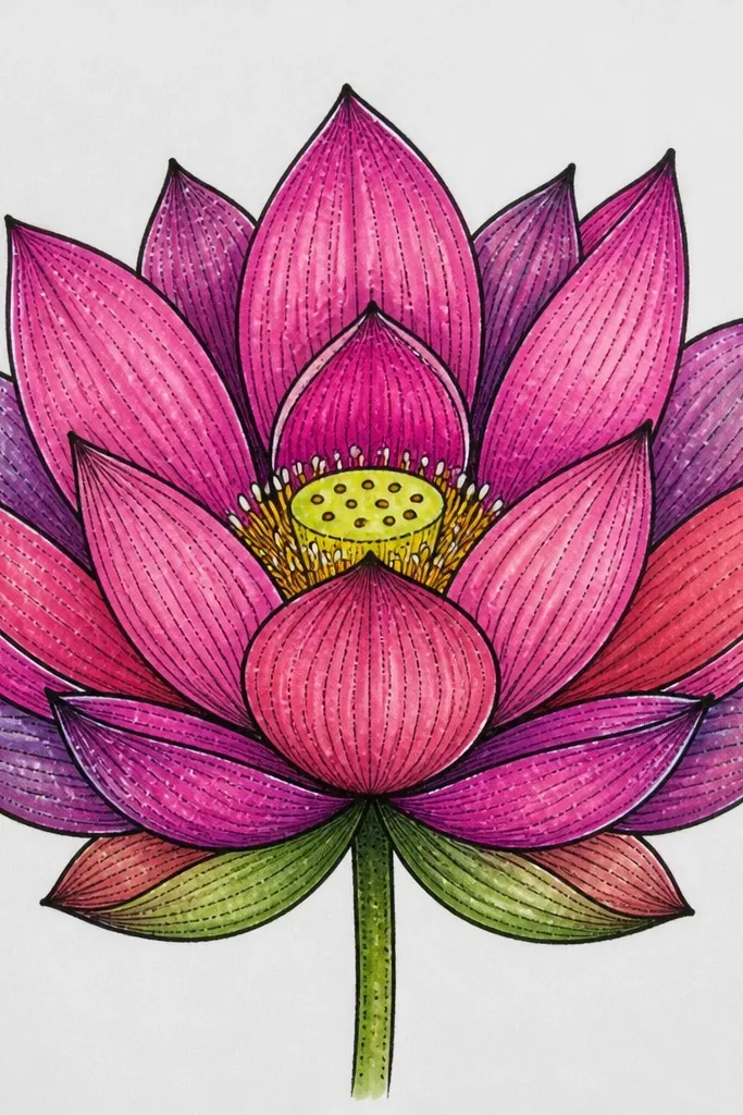 A pink lotus with visible petal veins drawn as fine lines and tiny stipples. The inner petals are pale pink, outer petals are medium rose, and there are tiny dot textures along the vein paths.
